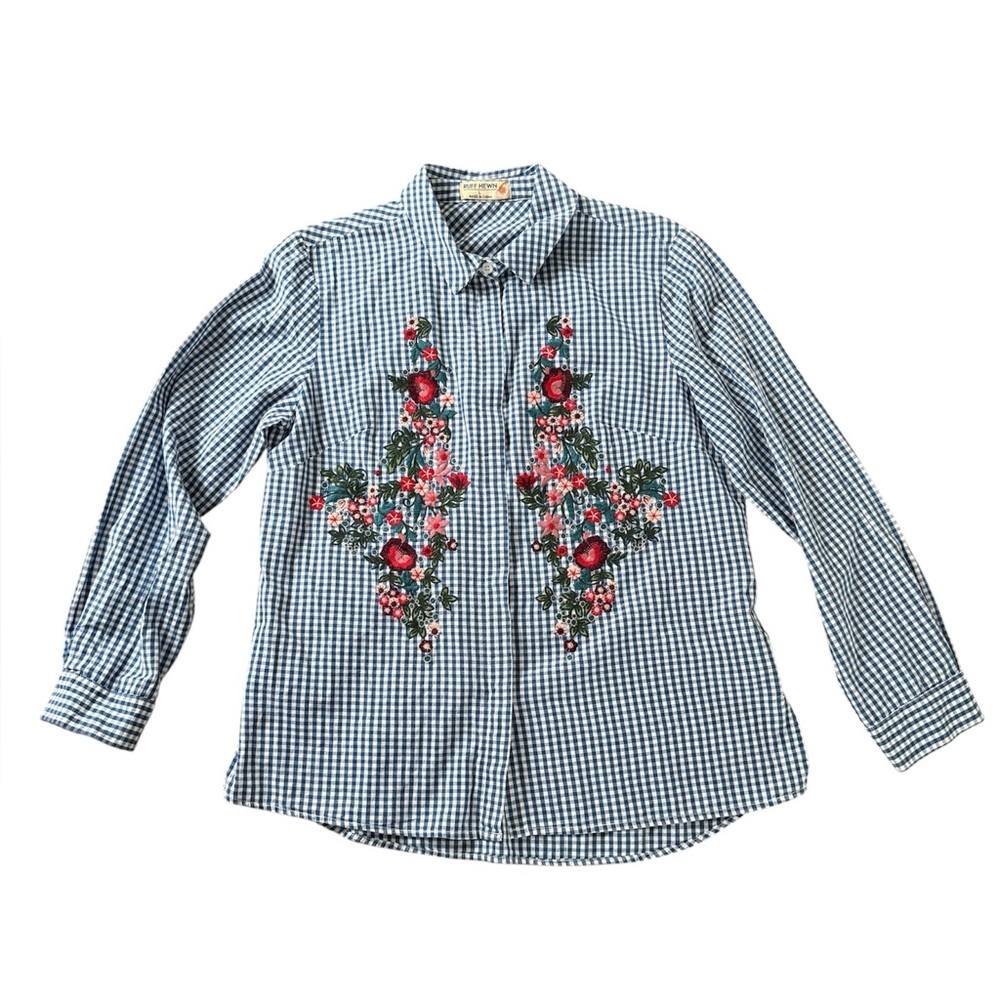 Ruff Hewn Blue Gingham Shirt with Red Floral Embroidery 100% Cotton